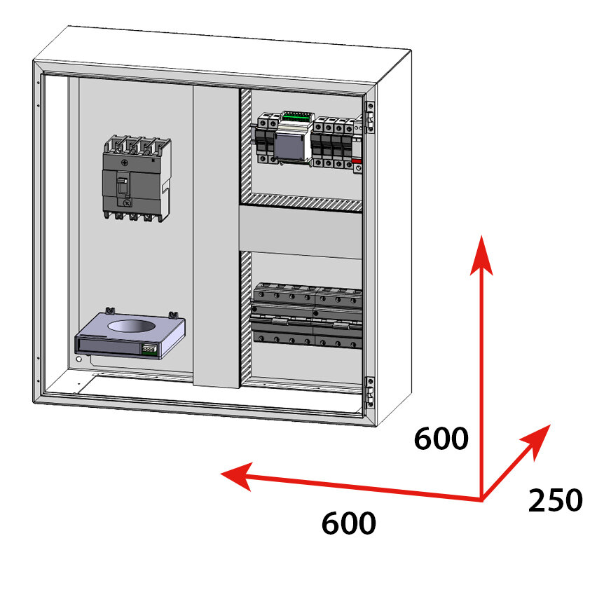 ARMARIO CONEXIÓN 400V AC 3P+N, ENTRADA PARA 2 INVERSORES HASTA 80A, SALIDA 160A + PROTECTOR SOBRETENSIONES DIMENSIÓN