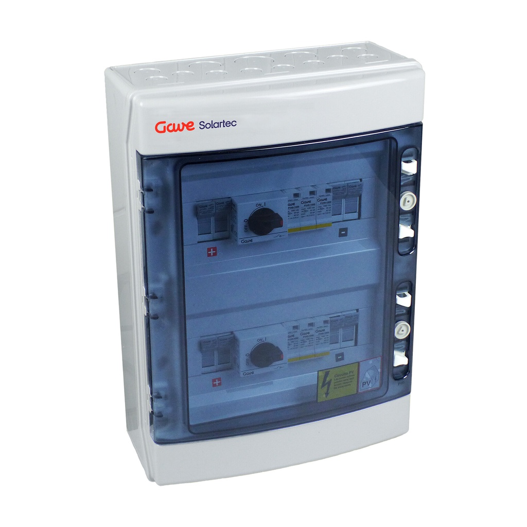 CAJA MODULAR GAVE CONEXION PV 2 STR. FUS. 12A + PROT.SOBRETENSION II+INTERRUPTOR DOS CIRCUITOS